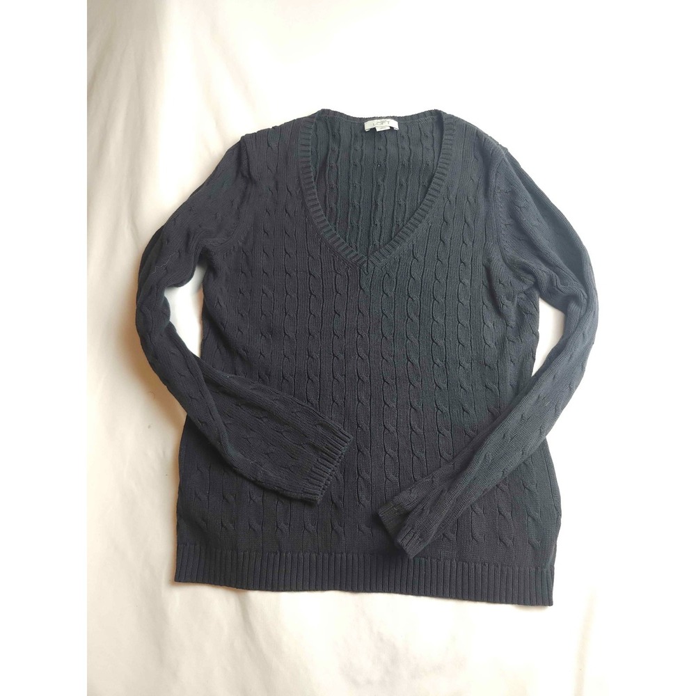 Ann Taylor Loft Sweater Womens Medium Black Knit Cable V-Neck Long Sleeve‎
